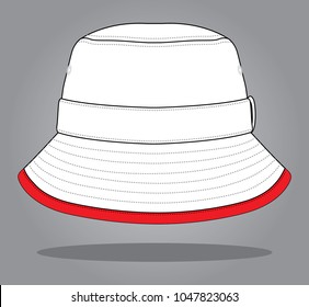 White Bucket Hat Design Vector with Red Edging Brim Rim .