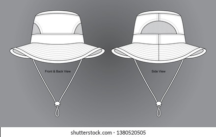 White Bucket Hat with Mesh Both Sides and Rope-Cord Stopper Template on Gray Background. Front, Back, and Side Views, Vector File.