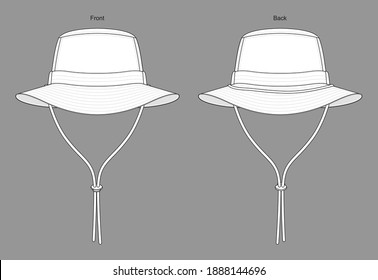 White Bucket Hat with Rope and Stopper Template On Gray Background. Front and Back View, Vector File.