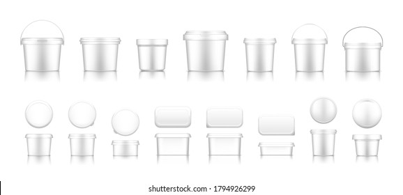 White bucket mockups for ice cream, yogurt, cheese, mayonnaise, butter or paint. Blank plastic food package container. Product template for branding or presentation. 3d realistic vector illustration