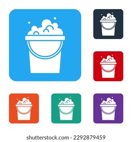 White Bucket with soap suds icon isolated on white background. Bowl with water. Washing clothes, cleaning equipment. Set icons in color square buttons. Vector