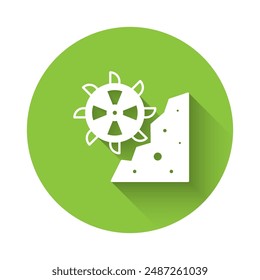 White Bucket wheel excavator icon isolated with long shadow background. Green circle button. Vector