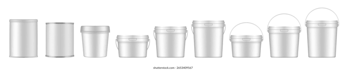 White buckets and tin jars. Mockup of plastic buckets with handle and lid. Small, medium and large sizes. Tin can