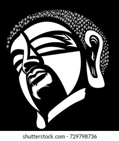 White Buddha head or Buddha face on black color background,tattoo design style,Isolated vector illustration.