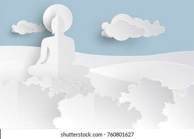 Buda blanco sobre la montaña en estilo corte de papel.