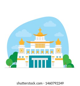 White Buddhist temple on background of blue sky. Flat vector on white background
