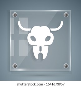 White Buffalo skull icon isolated on grey background. Square glass panels. Vector Illustration