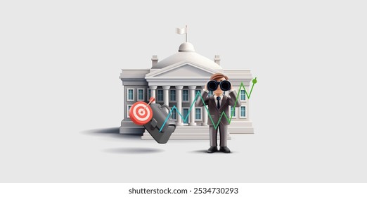 White building, briefcase, target, businessman with binoculars, growth chart. Banner for stock trading, trading, investment, capital growth concepts. Leadership vision and development. Vector