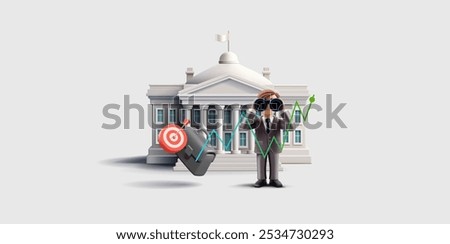 White building, briefcase, target, businessman with binoculars, growth chart. Banner for stock trading, trading, investment, capital growth concepts. Leadership vision and development. Vector