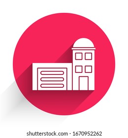 White Building of fire station icon isolated with long shadow. Fire department building. Red circle button. Vector Illustration