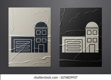 White Building of fire station icon isolated on crumpled paper background. Fire department building. Paper art style. Vector Illustration