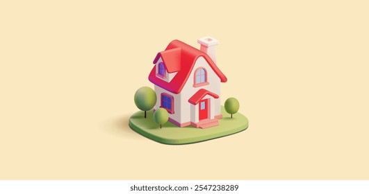 Construção branca de uma casa com um telhado vermelho, 3D. Uma bela casa para os conceitos de solidão e vida suburbana confortável. Negócios, aluguel, compra, hipoteca. Ilustração vetorial.