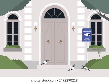 A white building with a large wooden door and windows, with a Crime Watch sign on the side, Pigeons gather on the sidewalk