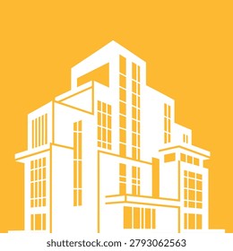 A white building with a modern design featuring numerous windows and balconies stands out against a vibrant orange background, showcasing a sleek architectural style with clean lines and minimal detai