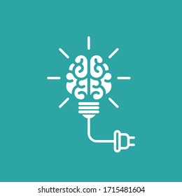 White  bulb with brain, rays and electrical plug on blue background. Inspiration charge icon. New business idea. smart, clever, creative symbol. Vector illustration. Knowledge, solution, innovation