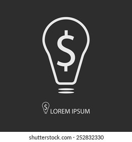 White bulb with dollar as business idea sign. Logo on dark grey background with copy space