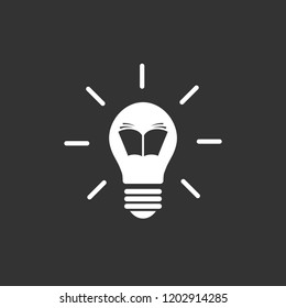 White bulb with open book and rays. flat icon isolated on black. Education idea. online course. Design thinking. Vector illustration. Knowledge
