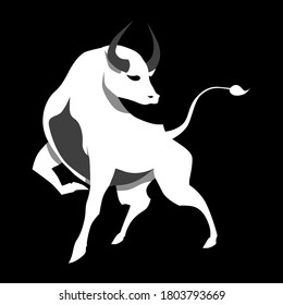 White bull on a black background. Farm animal. Zodiac sign. Vector illustration isolated for design and web.