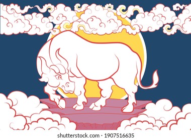 White bull on blue background. Lunar calendar 2021 Chinese New Year card, print. Bull on dark background with ground, clouds and moon. Traditional asian style. Horizontal