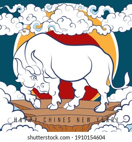 White bull on blue background. Lunar calendar 2021 Chinese New Year card, print. Traditional asian style. Element for New Year's design. Ground, clouds and moon. Square frame