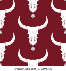 White bull skull on  a red background vector seamless pattern