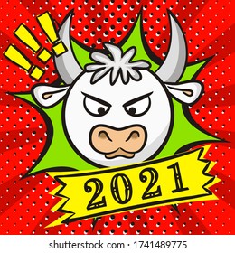 White bull symbol of 2021. Bright red New Year banner in pop art style. 2021 calendar heading. Vector illustration for the design of New Year cards and posters.