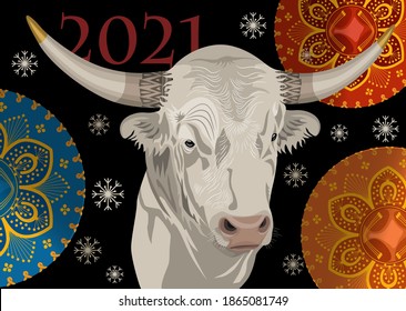 White bull symbol of 2021. Cow vector. Mexican postcard print design. White metal ox illustration. Winter background