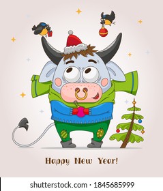 White bull, symbol of the year 2021. cartoon style. colorfull