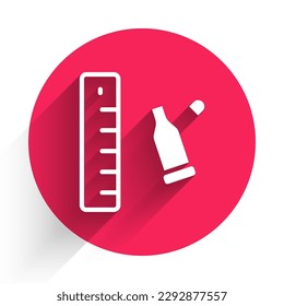 White Bullet casing as a piece of evidence placed with forensic ruler for documentation icon isolated with long shadow. Concept of crime scene. Red circle button. Vector