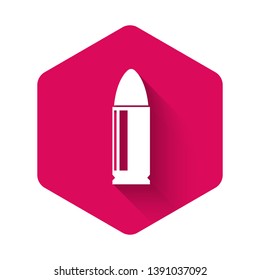 White Bullet icon isolated with long shadow. Pink hexagon button. Vector Illustration