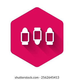 White Bullet icon isolated with long shadow background. Pink hexagon button. Vector