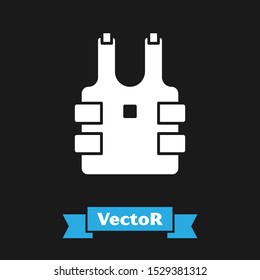 White Bulletproof vest for protection from bullets icon isolated on black background. Body armor sign. Military clothing.  Vector Illustration