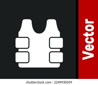 El chaleco antibalas blanco para la protección contra el icono de las balas aislado en el fondo negro. Signo de la armadura corporal. Ropa militar.  Vector