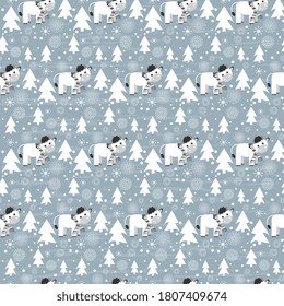 White bulls, snowflakes, snowfall, Christmas trees on a bluish background, artistic, textured. Christmas cards template design.
Seamlessly.
