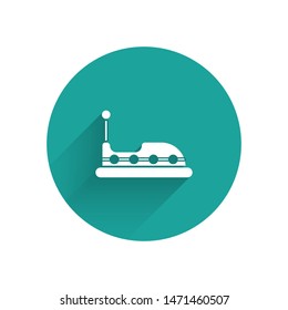White Bumper car icon isolated with long shadow. Amusement park. Childrens entertainment playground, recreation park. Green circle button. Vector Illustration