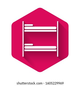 White Bunk bed icon isolated with long shadow. Pink hexagon button. Vector Illustration