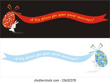 White bunnies carrying an easter eggs and a ribbon for easter messages. No gradient fills. Very easy to customize.