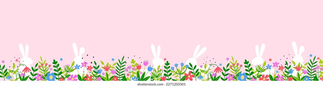 White bunnies and colourful flowers on pink background. Easter design. Panoramic header. Vector illustration