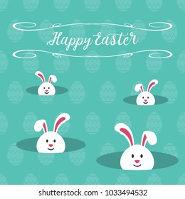 White bunnies emerging with a teal background having soft teal easter eggs and white easter message