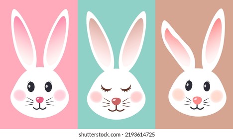 white bunnies on pastel colors illustration. Cartoon, cute rabbits illustration set.