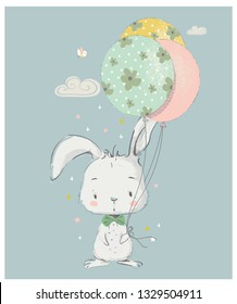 White bunny with balloon.hand drawn vector illustration.can be used for kid's or baby's shirt design, fashion print design, fashion graphic, t-shirt, kids wear