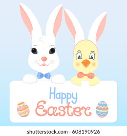 White bunny with a blue bow and a chick with rabbit ears holding a greeting card with a calligraphic inscription Happy Easter