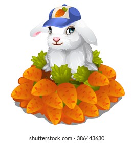 White Bunny in a cap sits on a heap of ripe carrots. Vector illustration.