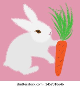 White bunny with carrot for decoration design. Animal illustration. Pink background. Decoration element. Vector illustration nature background. Bunny cute print. Cute vector illustration.
