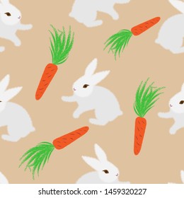 White bunny with carrot on yellow background. Cute vector illustration. Rabbit cartoon vector collection. Cartoon white bunny with carrot for print design. Vector seamless background.