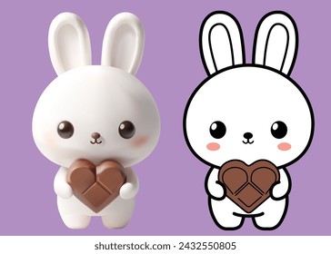 Personaje de dibujos animados conejito blanco 3D y 2D vector tema de Pascua mano sosteniendo el corazón de chocolate aislado