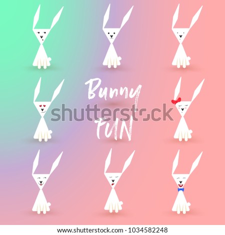 White Bunny Cartoon flat Character emoji Set. Vector Illustration. Bunny fun lettering, easter rabbit