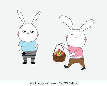 white bunny cartoon set of easter time.vector illustration.