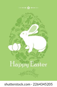 white bunny and decorative eggs for holiday - green vector greeting card Happy Easter