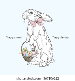white bunny with Easter basket, hand drawn graphic, Happy Easter design
